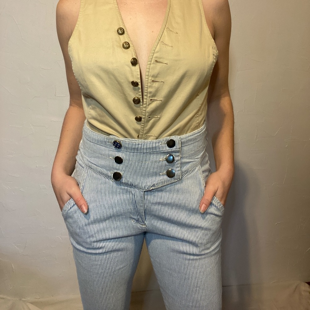 Bridgerton Blue and White Pinstripe Pants with Bow